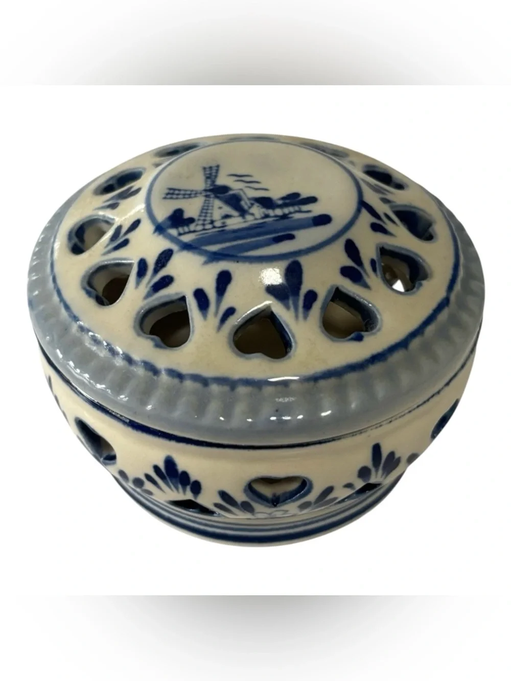 Vintage Delft Blue Lidded Trinket Box Windmill Heart Cutouts